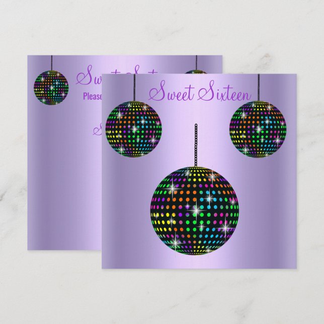 LILA DISCOBALL SWEET SIXTEEN PARTY-INBJUDAN INBJUDNINGAR (Fram/baksida)