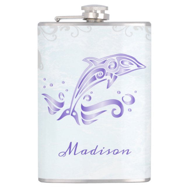 Lila Dolphin Vinyl Wrapped Flask Fickplunta (Framsidan)