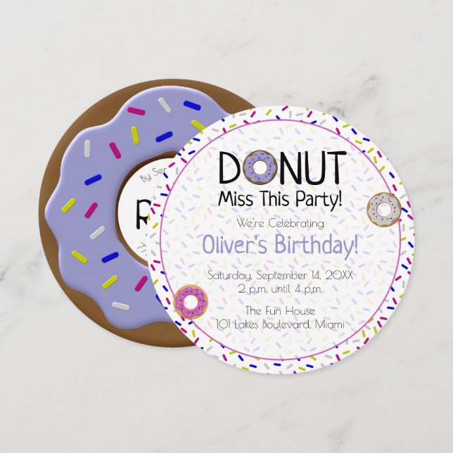 Lila Donut miss Party Sprinkle Round Inbjudningar (Fram/baksida)