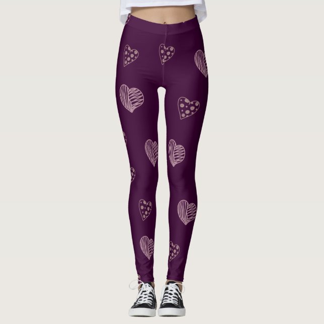 Lila Doodle Hearts Leggings (Framsida)