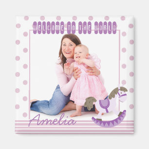 Lila Dots and Rocking Horse Anpassningsbar Photo Magnet