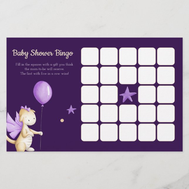 Lila Dragon and Balloon Baby Shower Bingo Game (Framsida)