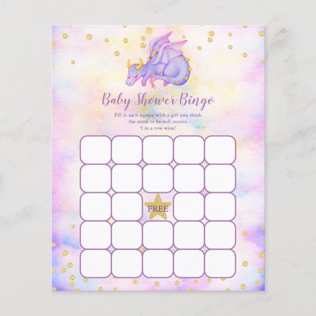 Lila Dragon Baby Shower Bingo Game (Framsida)