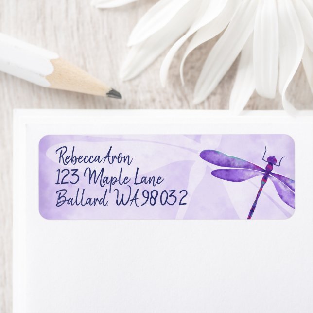 Lila Dragonfly Address Label, Lilac Dragonflies Returadress Etikett (Insitu)
