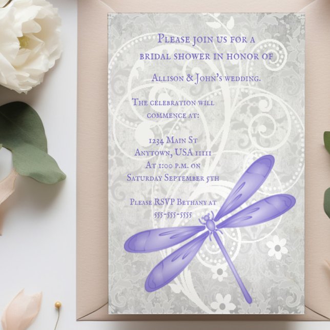 Lila Dragonfly Möhippa Inbjudan (Purple Dragonfly Bridal Shower Invitation)