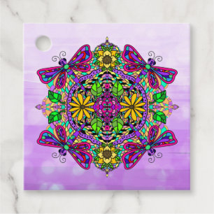 Lila Dragonfly och Flowers Mandala Hand plockade Gåvor Etiketter