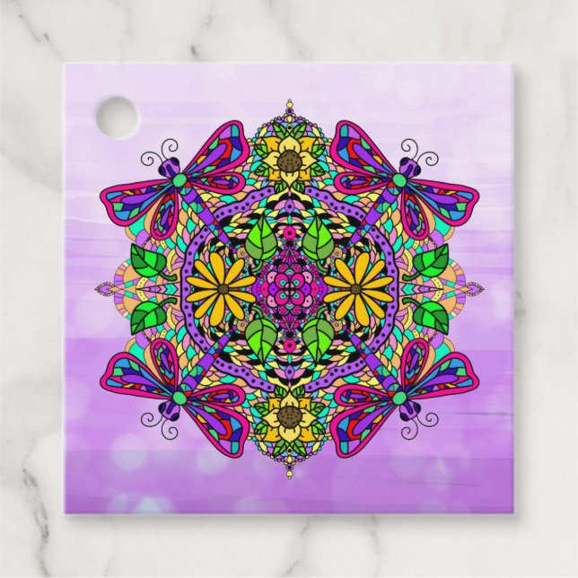 Lila Dragonfly och Flowers Mandala Hand plockade Gåvor Etiketter (Framsida)