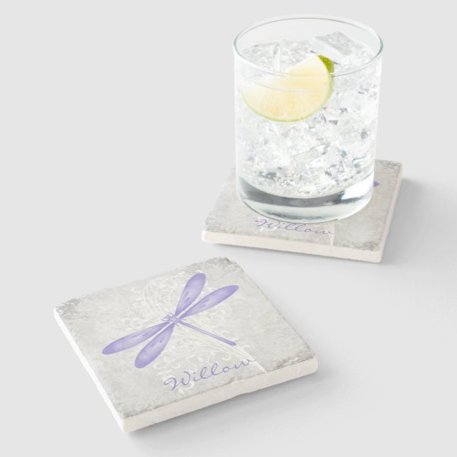 Lila Dragonfly Personlig Stone Underlägg (Sidan)