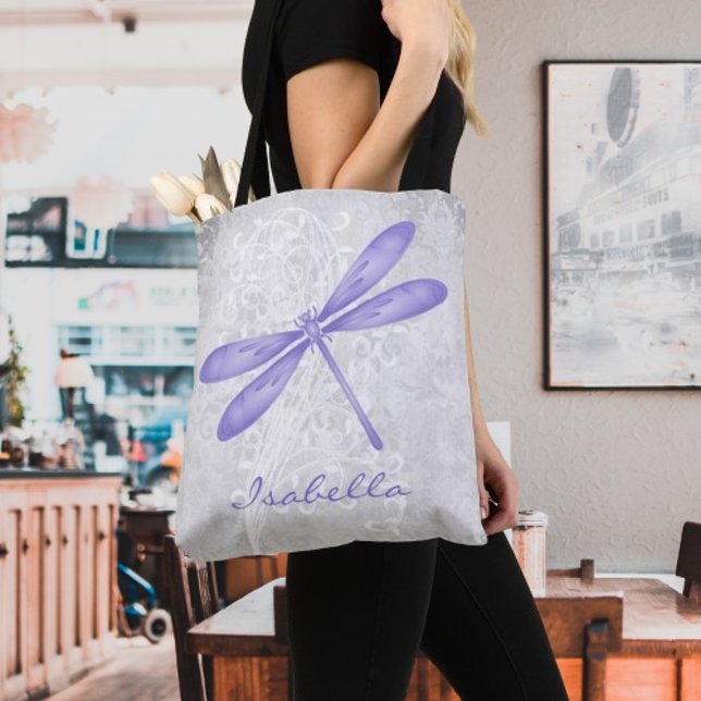 Lila Dragonfly Personlig Tote Tygkasse (Purple Dragonfly Personalized Tote Bag)