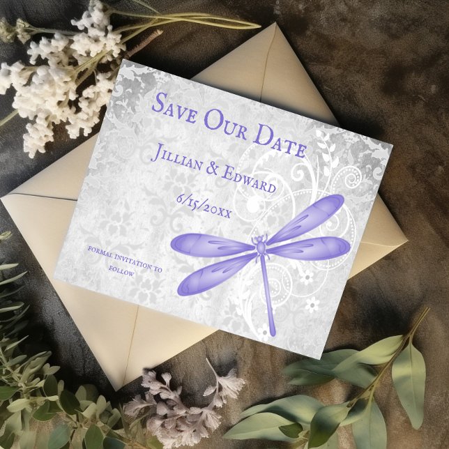 Lila Dragonfly Spara datum meddelande (Purple Dragonfly Save the Date)