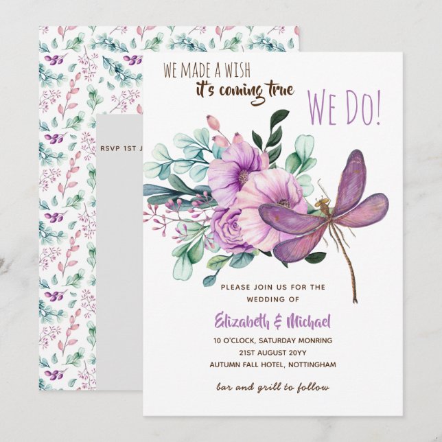 Lila Dragonfly Watercolor Blommigt Bröllop budget Inbjudningar (Fram/baksida)