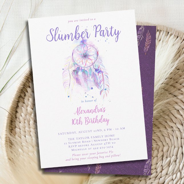 Lila Dream Catcher Slumber Party Girls Birthday Inbjudningar (girls slumber party invitation birthday pj sleep over dream catcher pink purple watercolor feathers )