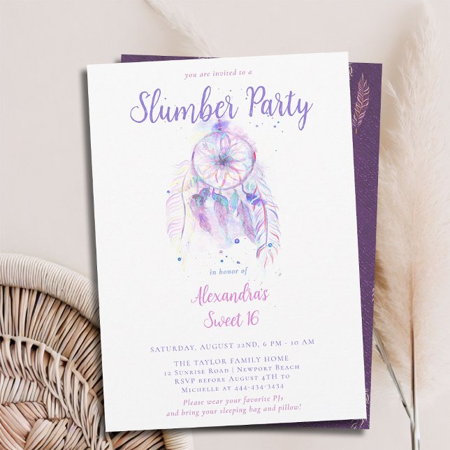 Lila Dream Catcher Slumber PJ Party Sweet 16 Inbjudningar (sweet 16 slumber party invitation birthday pj sleep over dreamcatcher pink purple watercolor feather)