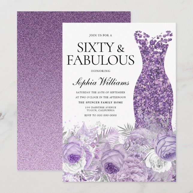 Lila Dress Blommigt 60 & Fabulous 60:e födelsedage Inbjudningar (Fram/baksida)