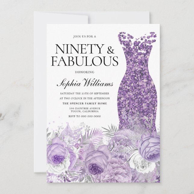 Lila Dress Blommigt 90 Fabulous 90:e Birthday Inbjudningar (Framsida)