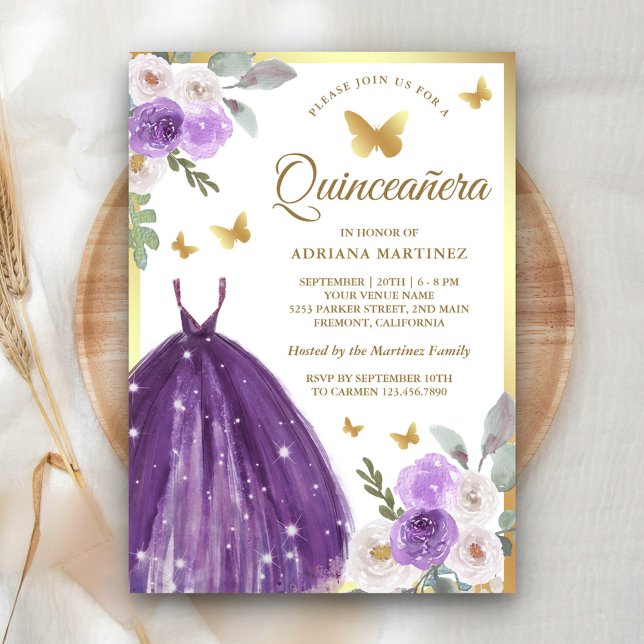 Lila Dress Blommigt Butterfly Guld Quinceanera Inbjudningar (Skapare uppladdad)