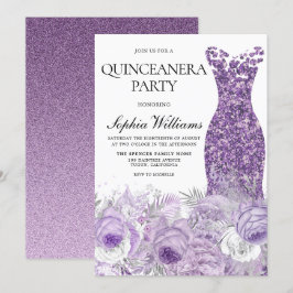 Lila Dress & Blommigt Quinceanera Party Inbjudningar