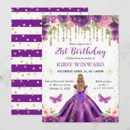 Lila Dress Blonde Hairprincess Birthday Inbjudningar