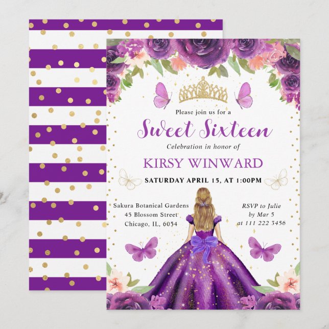 Lila Dress Blonde Princess Sweet 16 Inbjudningar (Fram/baksida)