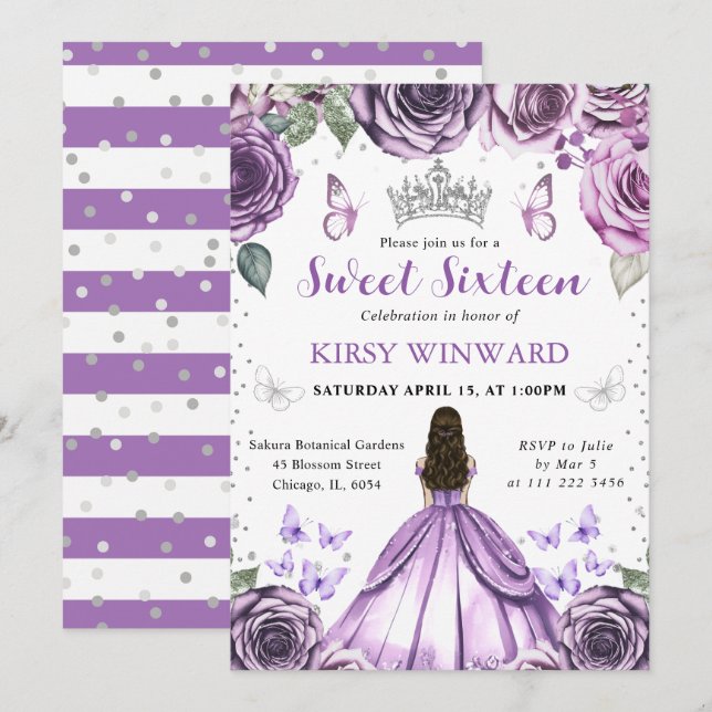 Lila Dress Brunette Princess Sweet 16 Inbjudningar (Fram/baksida)