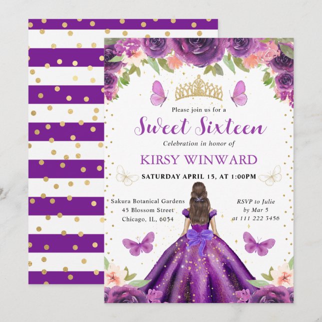 Lila Dress Brunette Princess Sweet 16 Inbjudningar (Fram/baksida)