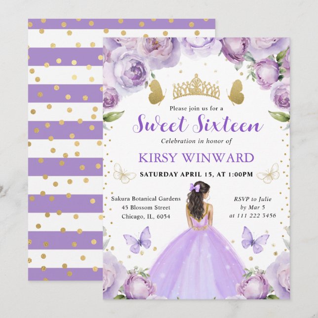 Lila Dress Brunette Princess Sweet 16 Inbjudningar (Fram/baksida)