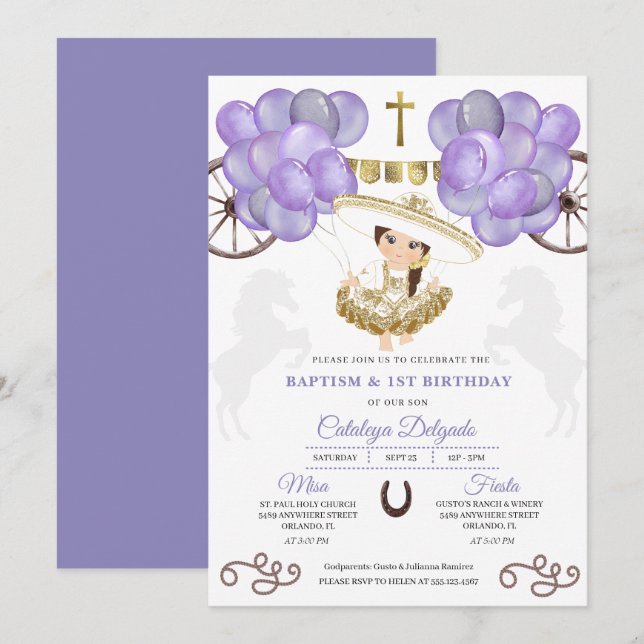 Lila Dress Guld Baby Charra Blegons Baptism Inbjudningar (Fram/baksida)
