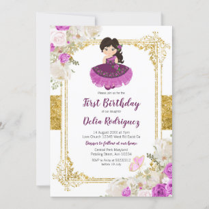 Lila Dress Mexican Girl First Birthday 1 Inbjudningar