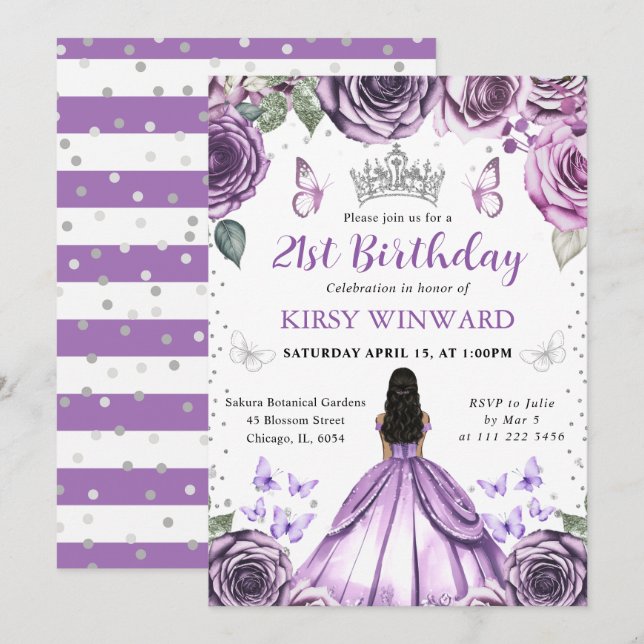 Lila Dress Mörk Skin Princess Birthday Inbjudningar (Fram/baksida)