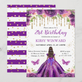 Lila Dress Mörk Skin Princess Birthday Inbjudningar