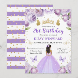 Lila Dress Mörk Skin Princess Birthday Inbjudningar
