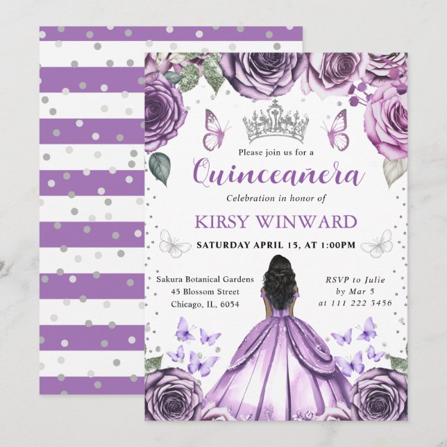 Lila Dress Mörk Skin Princess Quinceanera Inbjudningar (Fram/baksida)
