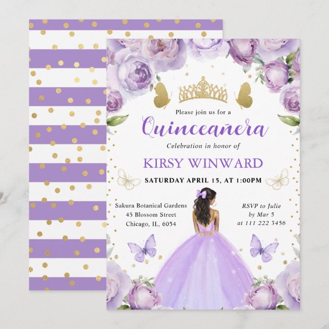 Lila Dress Mörk Skin Princess Quinceanera Inbjudningar (Fram/baksida)