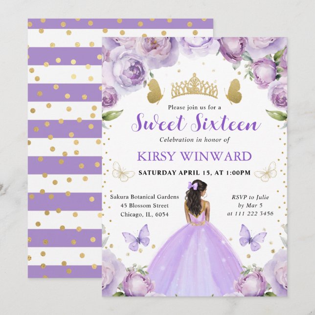 Lila Dress Mörk Skin Princess Sweet 16 Inbjudningar (Fram/baksida)