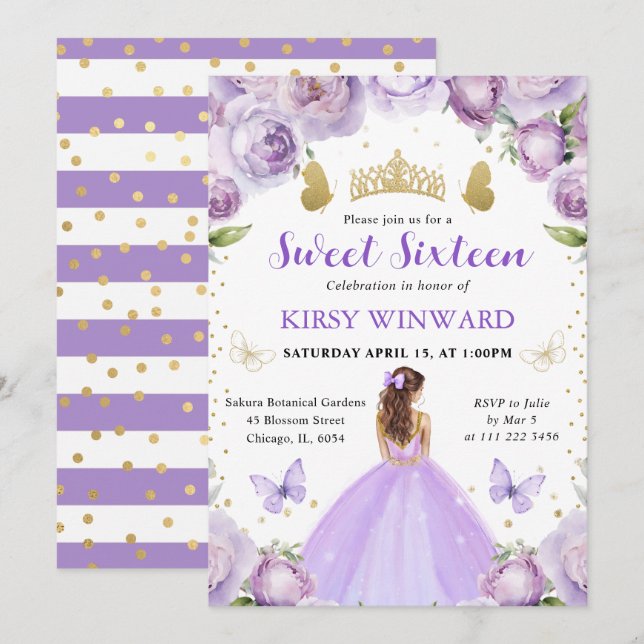 Lila Dress Red Hair Princess Sweet 16 Inbjudningar (Fram/baksida)