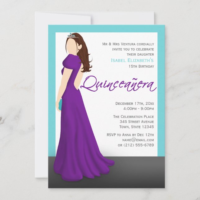Lila Dress Tiara Turkvoise Quinceañera Inbjudningar (Framsida)