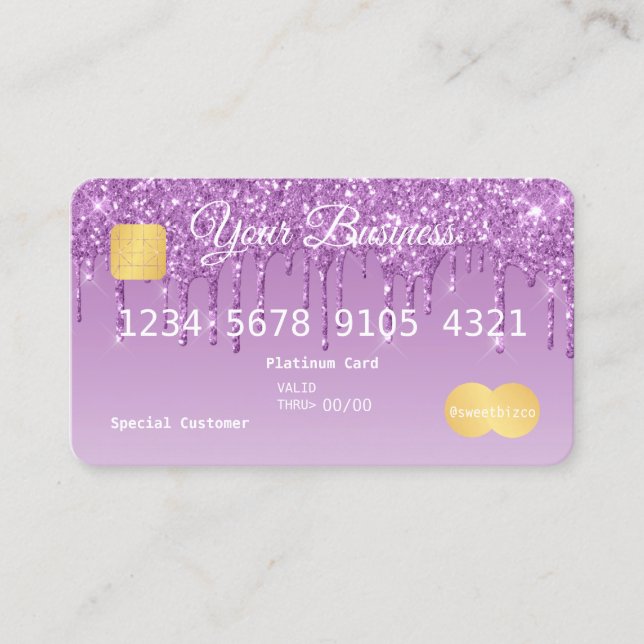 Lila Drip Glitter-look Kredit Card Visitkort (Framsida)