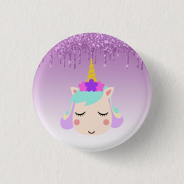 Lila Dripping Glitter Blommigt Unicorn Knapp (Framsida)