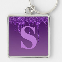 Lila Dripping Glitter Fyrkantig Silverfärgad Nyckelring