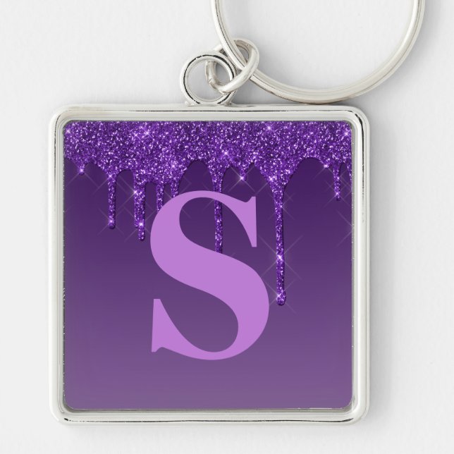 Lila Dripping Glitter Fyrkantig Silverfärgad Nyckelring (Framsidan)