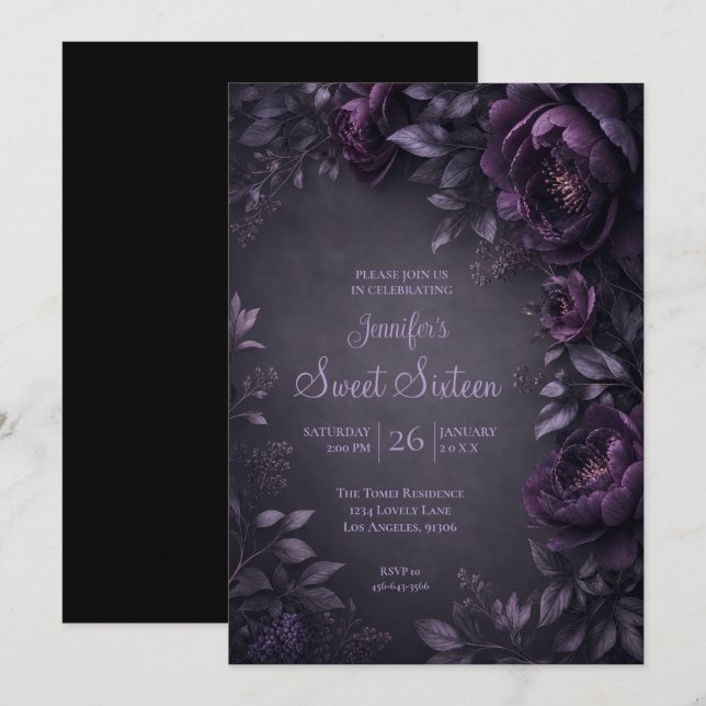 Lila Drömmiga Blommor Sweet 16 Födelsedag Inbjudningar (Fram/baksida)