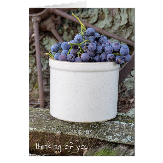 lila druvbunt i gammaldags stengods hälsningskort (Framsidan)