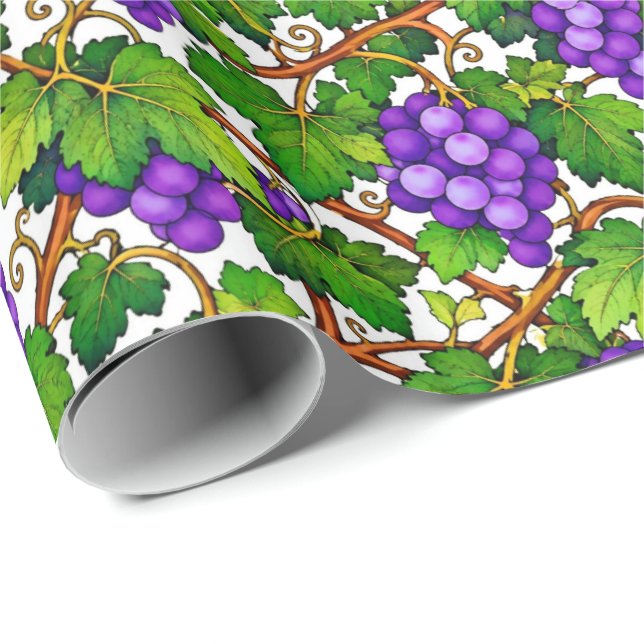Lila druvor och gröna vingårdsblad presentpapper (Rullad Hörn)