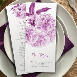 Lila dubbla blommar blommor bröllop-menyn meny<br><div class="desc">Vackrik lila blommar vattenfärgsmålad middagsmeny för bröllop eller speciell händelsemeny. Redigera den här 4-kursmenyn med din egen ord. En enkel men modern meny för lila blommar vår. Idealisk för lila bröllop, vår bröllop eller vår var temat evenemang. © Design and water color-målning by Sarah Trett. www.sarahtrett.com för www.mylittleedenweddings.com på zazzle....</div>