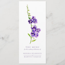 Lila duranta himlar, blommans vattenfärg bröllop meny