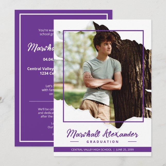 Lila Edgy Abstrakt Torn Photo Studenten Inbjudningar (Fram/baksida)