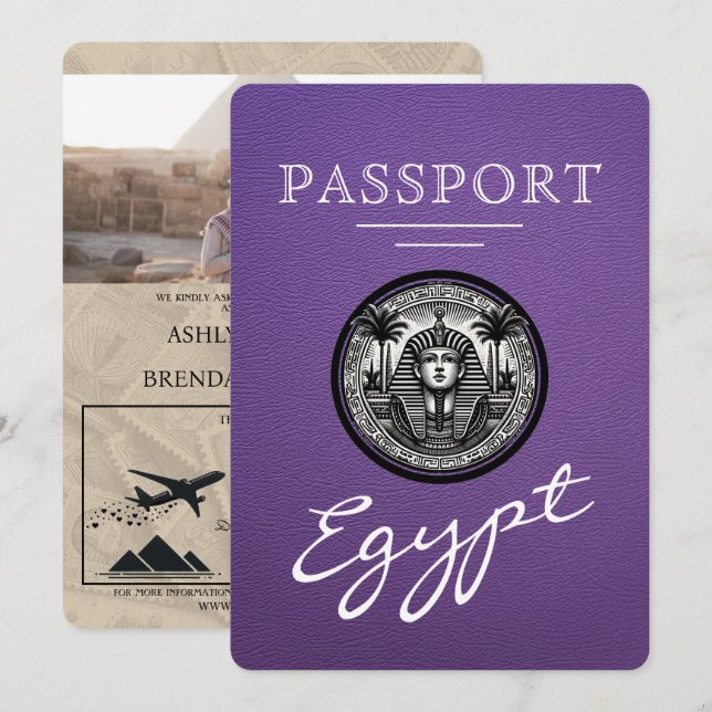 Lila egyptiskt passbröllopsinbjudan inbjudningar (Fram/baksida)