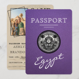 Lila egyptiskt passfoto för bröllopsinbjudan spara datumet