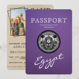 Lila egyptiskt passfoto för bröllopsinbjudan spara datumet