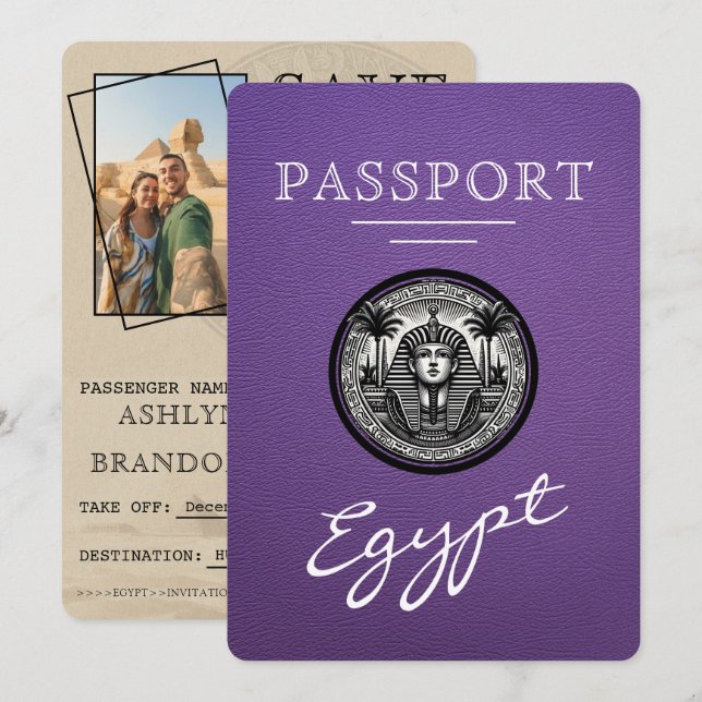 Lila egyptiskt passfoto för bröllopsinbjudan spara datumet (Fram/baksida)